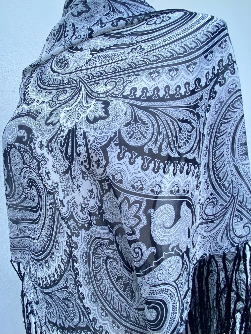 Whimsy Boho 100% Silk Black & White Fringe Triangle Shawl Scarf